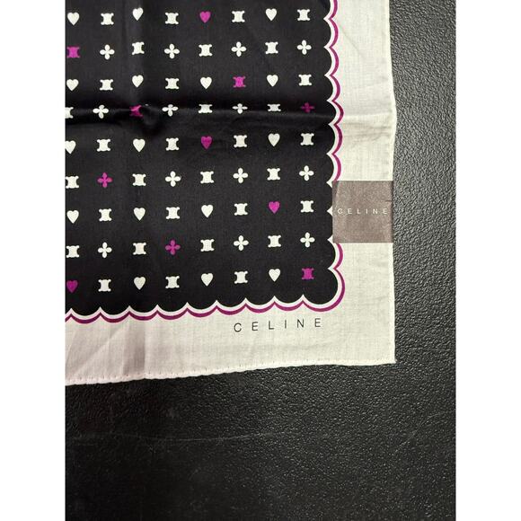 Celine Cotton Square Scarf*Beautiful Triomphe Heart Pattern*Black Purple*Tags - Picture 3 of 4